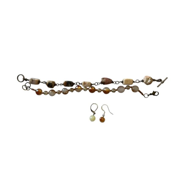Handcrafted Jewelry - Set of Two Bracelets plus Earring Agate Marble & Faceted Beads